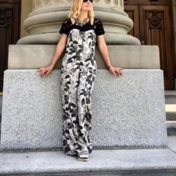 Anthropologie Jumpsuit Wide Leg Women 0 Crop Leaf Floral Black Lace Short Sleeve - Picture 11 of 12